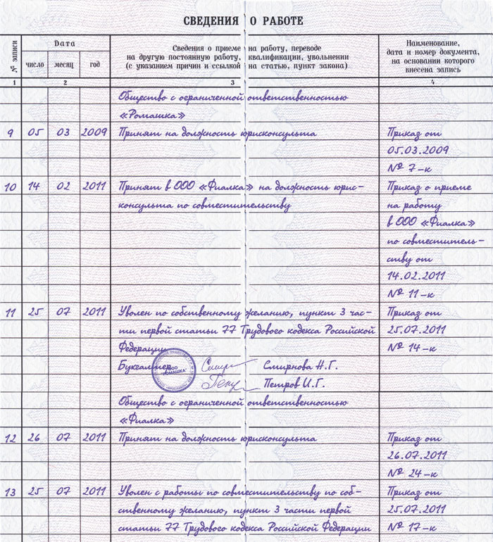 увольнение на пенсию запись в трудовой книжке образец